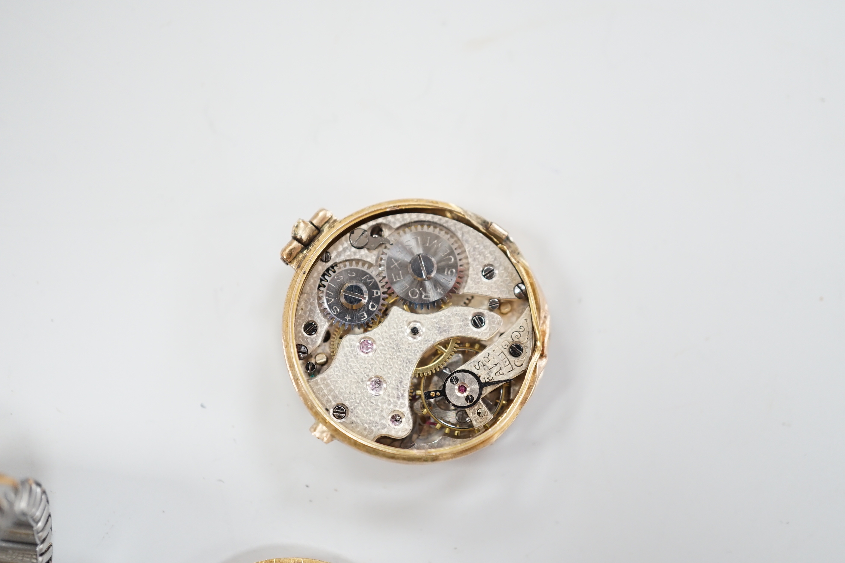 A lady's 9ct Rolex watch (a.f.), a stainless steel Enicar military watch, a gentleman's stainless steel Omega manual wind wrist watch, cased diameter 35mm, five other watches or movements and an Omega stop watch.